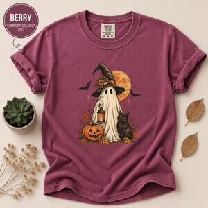 Halloween Shirt, Spooky Ghost Witch T Shirt, Black Cat Pumpkin Tee